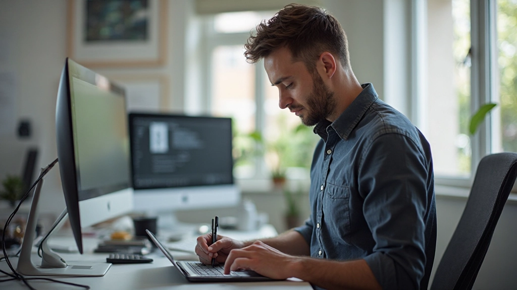 Designer working on digital interface with tablet and stylus in modern workspace