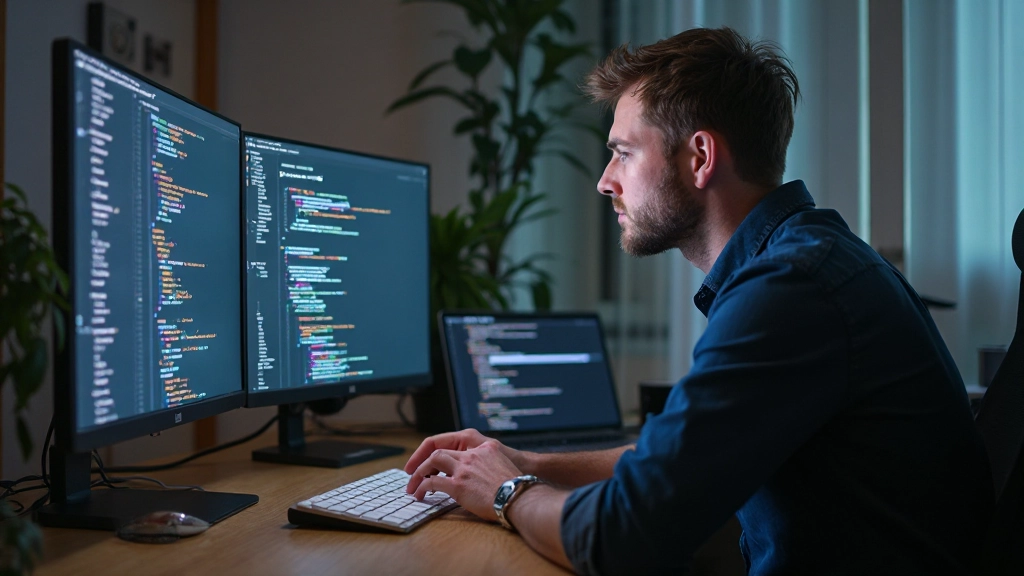 Developer coding responsive website layout on computer monitor with design tools open