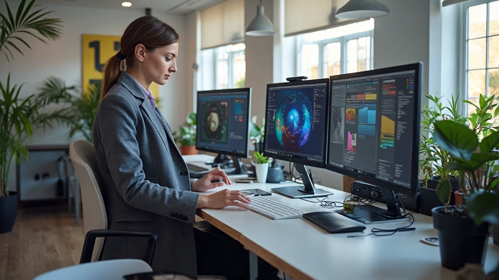 Modern digital design workspace with multiple screens and design tools