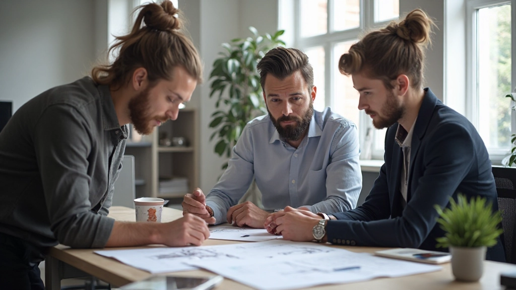 Team collaborating on user research findings with sticky notes and wireframes on wall