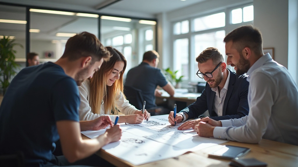 Collaborative design team working together in bright studio space with sketches, wireframes, and design tools visible on desks